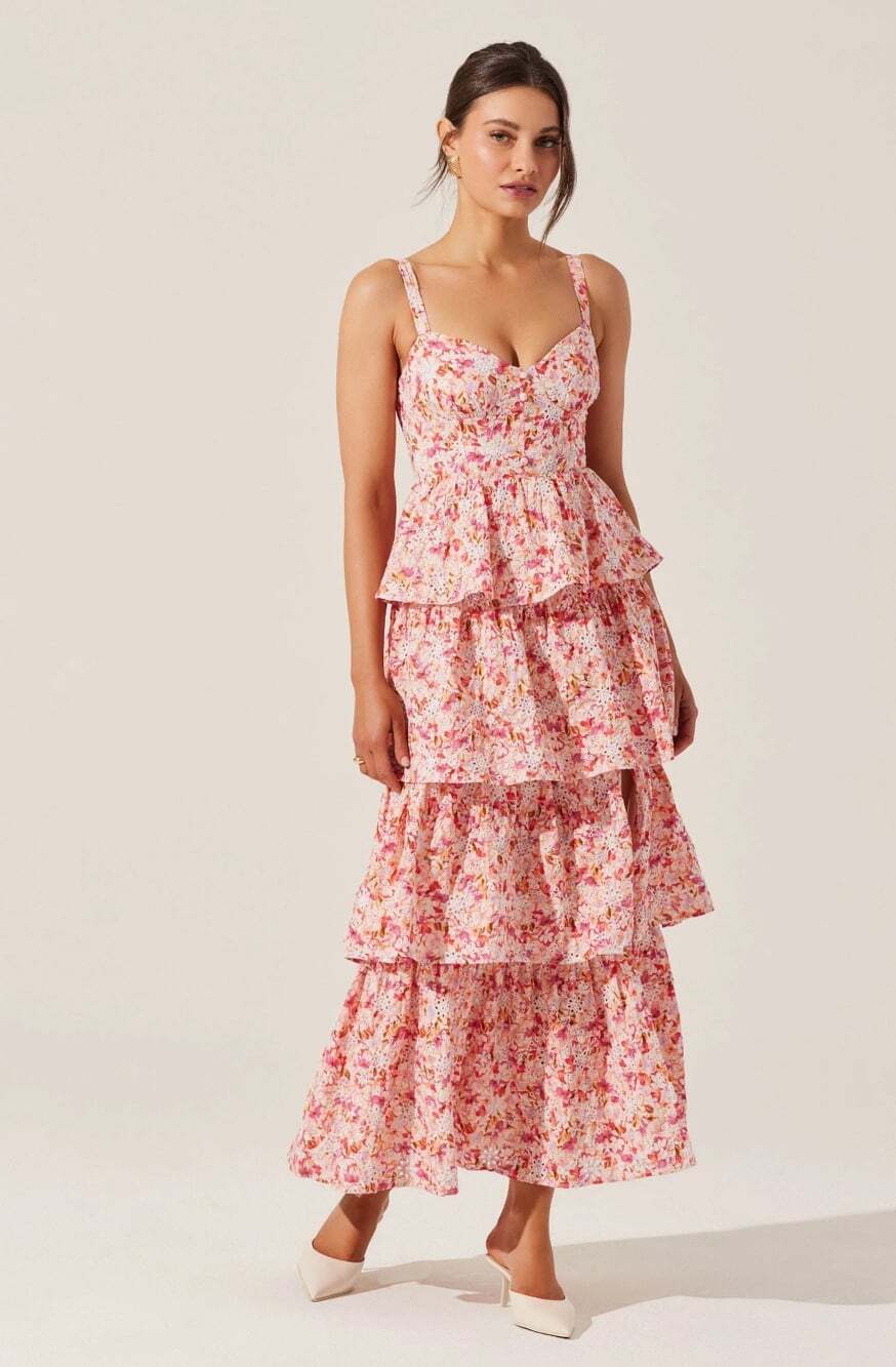ASTR Midsummer Pink Floral 100% Cotton Eyelet Tiered Bustier Maxi Dress, Size S